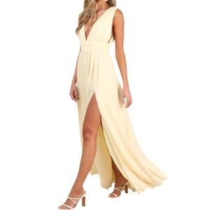 NWT Lulus Heavenly‎ Hues Pale Yellow Maxi Dress M V-Neck Side Slit Gown Formal